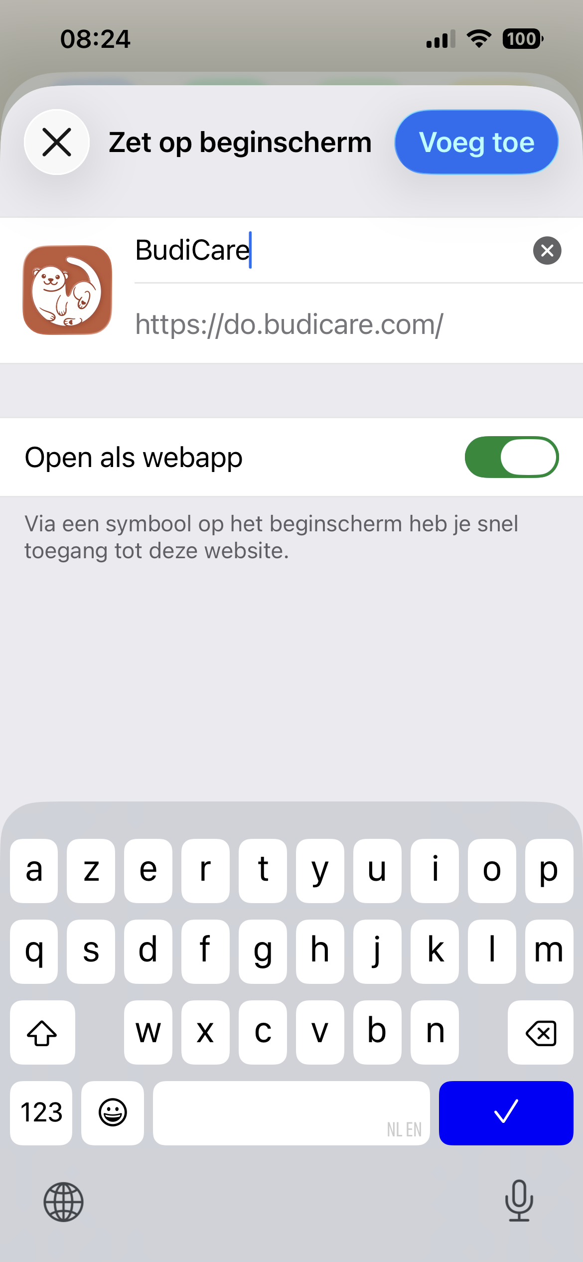 Bevestigingsvenster 'Zet op beginscherm' met Curabo-icoon, adres https://do.curabo.eu/ en de schakelaar 'Open als webapp' aan