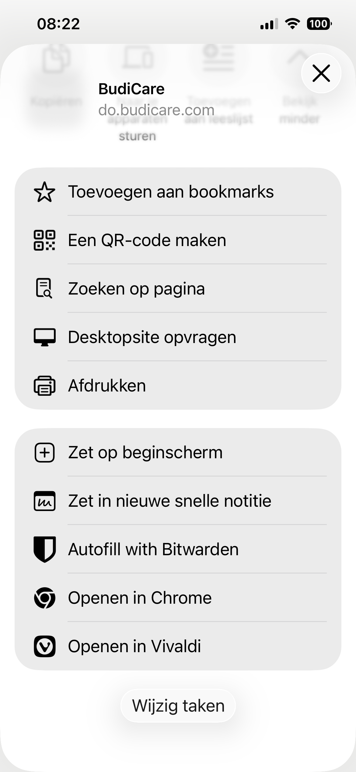 Browserdeelmenu in Chrome of Vivaldi met daarin de optie 'Zet op beginscherm'