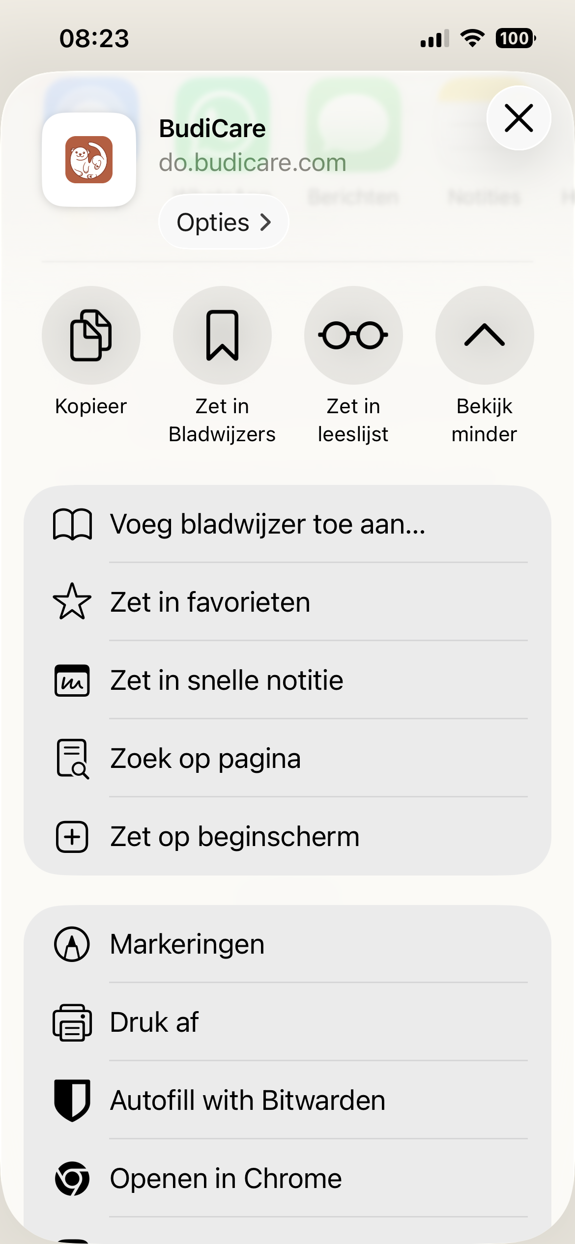 Safari-menu met de optie 'Zet op beginscherm' zichtbaar
