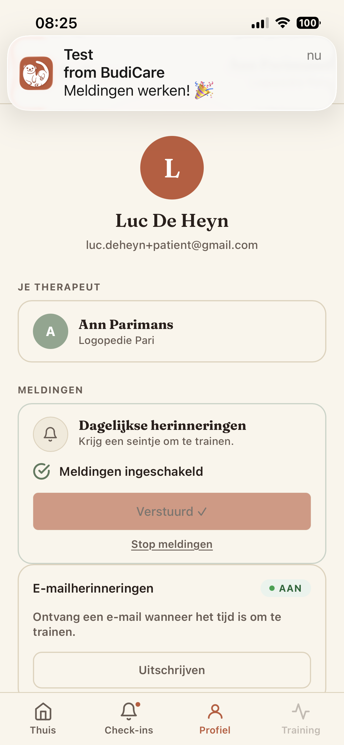 Melding bovenaan het scherm: 'Meldingen werken! 🎉' — en de knop toont 'Verstuurd ✓'