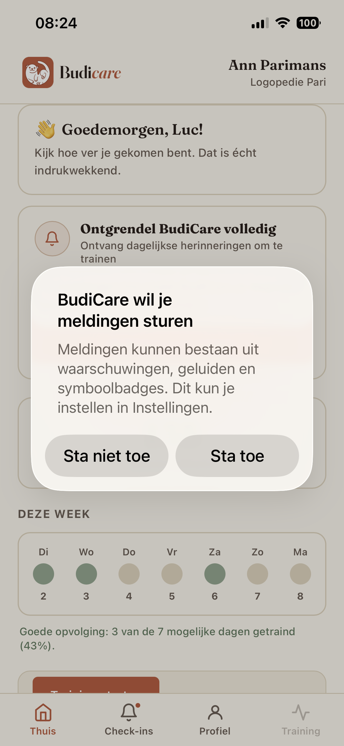 Systeemvenster 'Curabo wil je meldingen sturen' met knoppen 'Sta niet toe' en 'Sta toe'