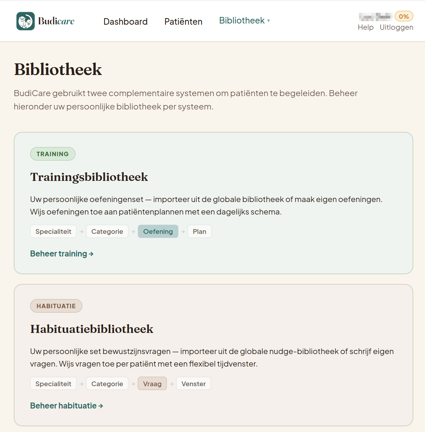 Overzicht van de bibliotheek met oefeningen en bewustzijnsvragen